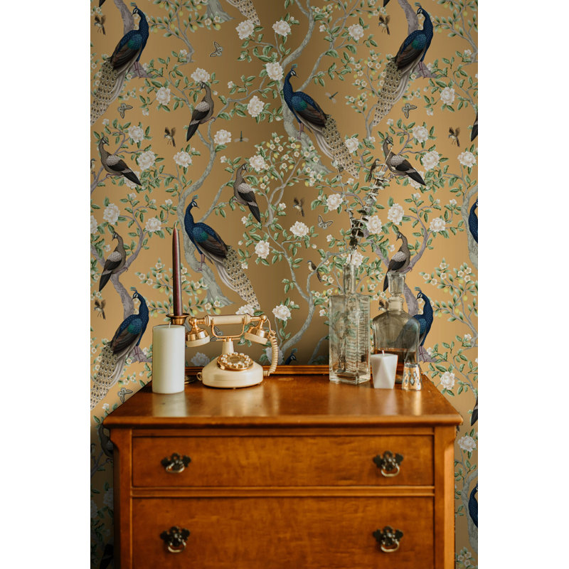 Lark Manor™ Peacock Chinoiserie Wallpaper Gold Look Floral Wall